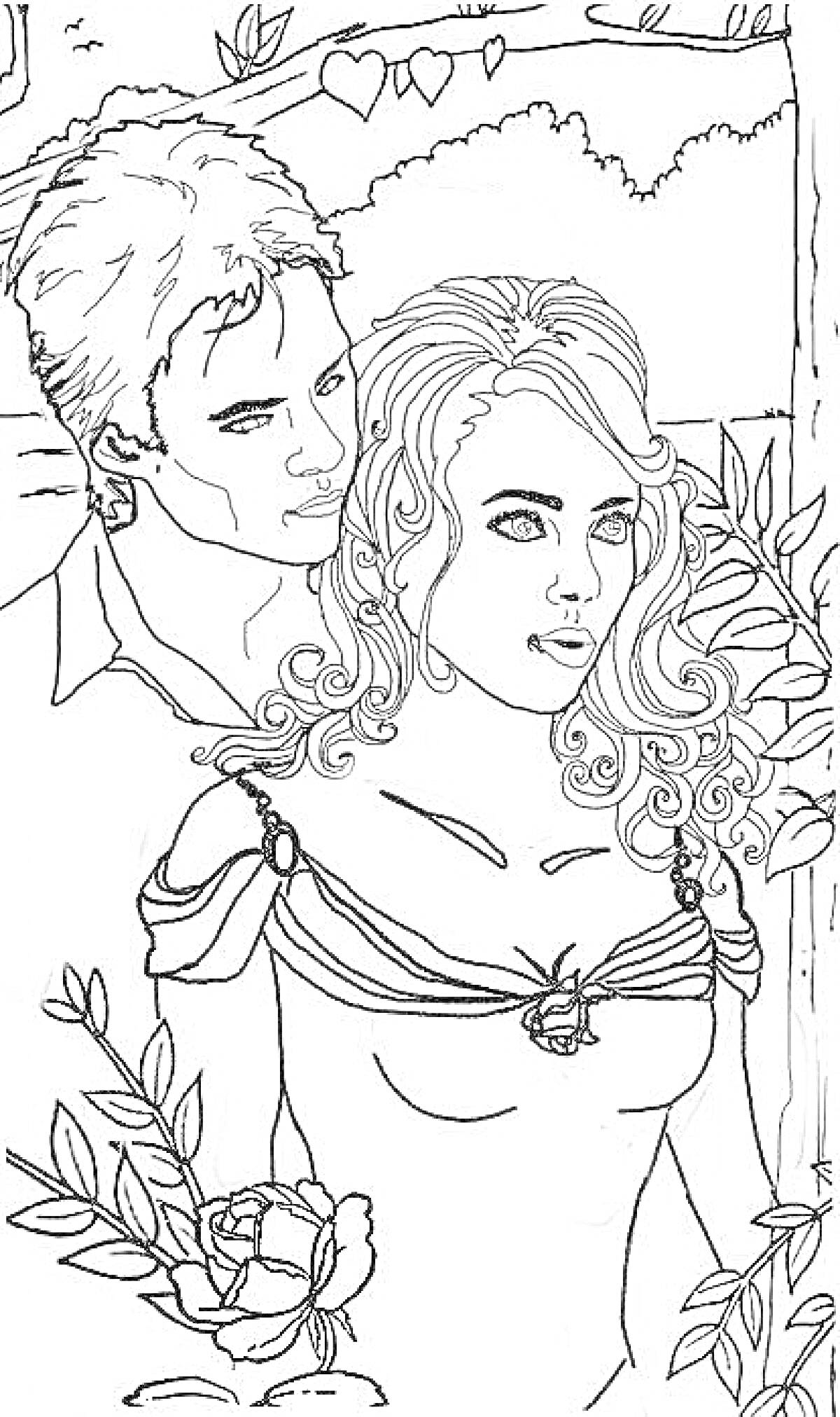 Раскраска Пара вампиров у окна с розами и сердцами
