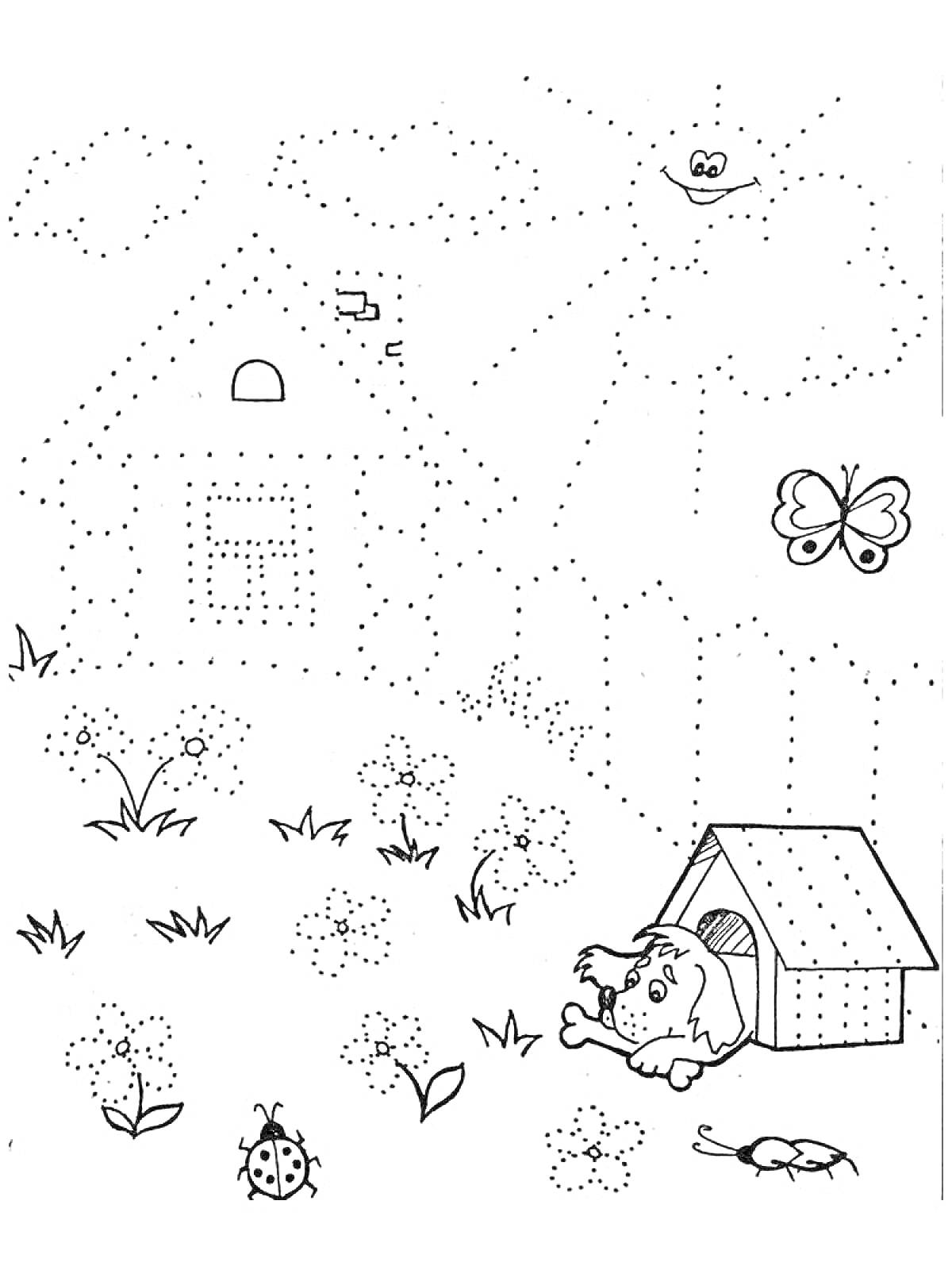 Раскраска Пейзаж с домом, собакой, бабочкой, божьей коровкой, цветами и травой по точкам