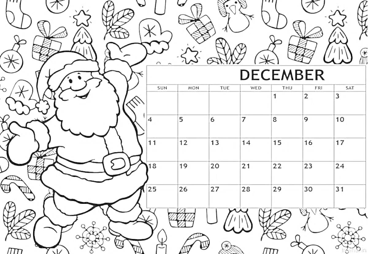 На раскраске изображено: Календарь, Декабрь, Дед Мороз, Подарки, Елочные украшения, 2023