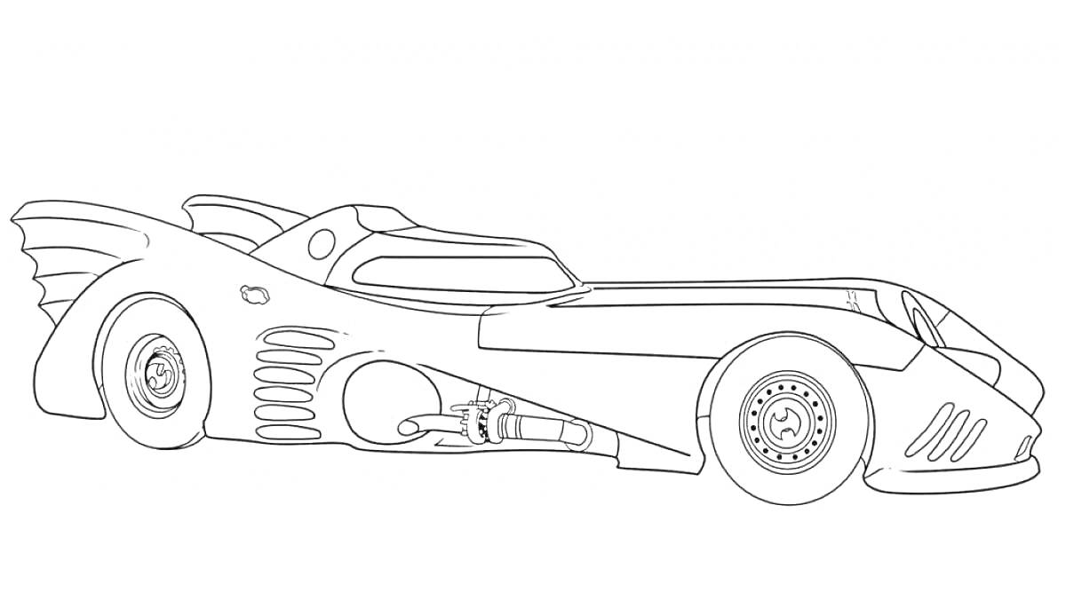 Раскраска Чертеж бэтмобиля с характерными элементами кузова, включая крылья и уникальную аэродинамическую форму