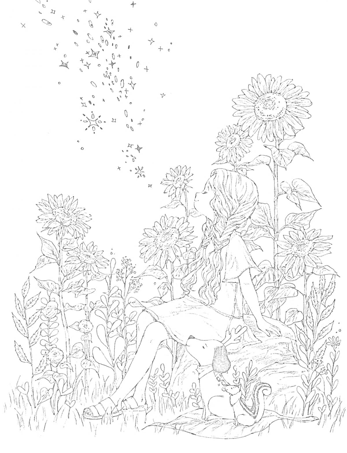 На раскраске изображено: Лесная девочка, Цветочное поле, Бревно, Природа, Звезды, Искры, Листья, Трава, Деревья