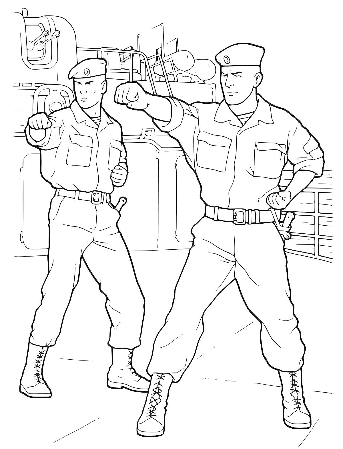 На раскраске изображено: Армия, Военная форма, Военная техника, Тренировка, Мужские персонажи, Военное искусство