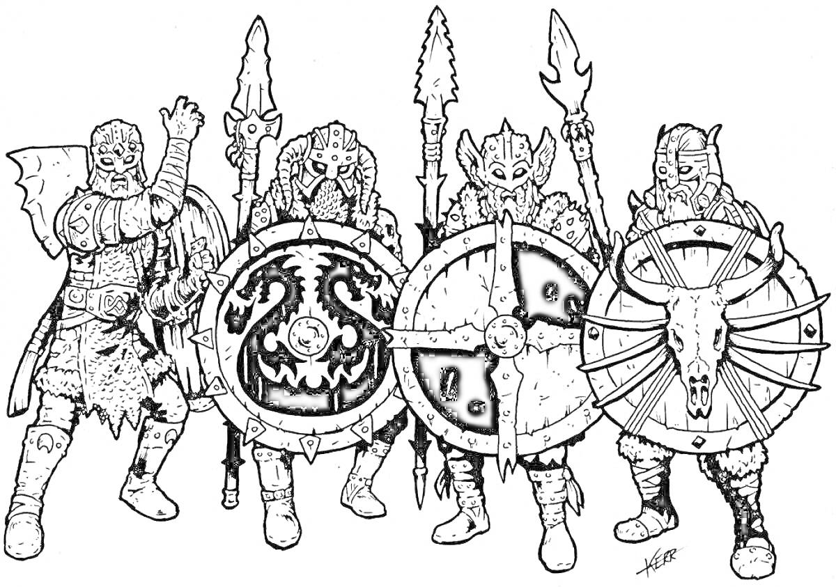 На раскраске изображено: Копья, Оружие, Шлемы, Боевые доспехи