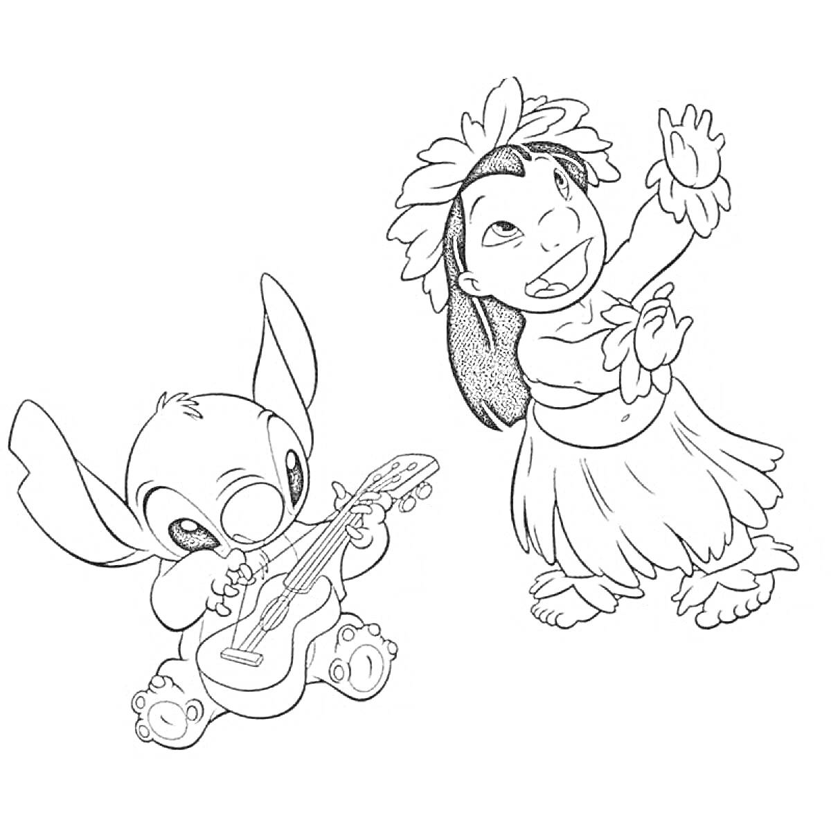 РаскраскаСтич играет на гавайской гитаре, Лило танцует в гавайском костюме