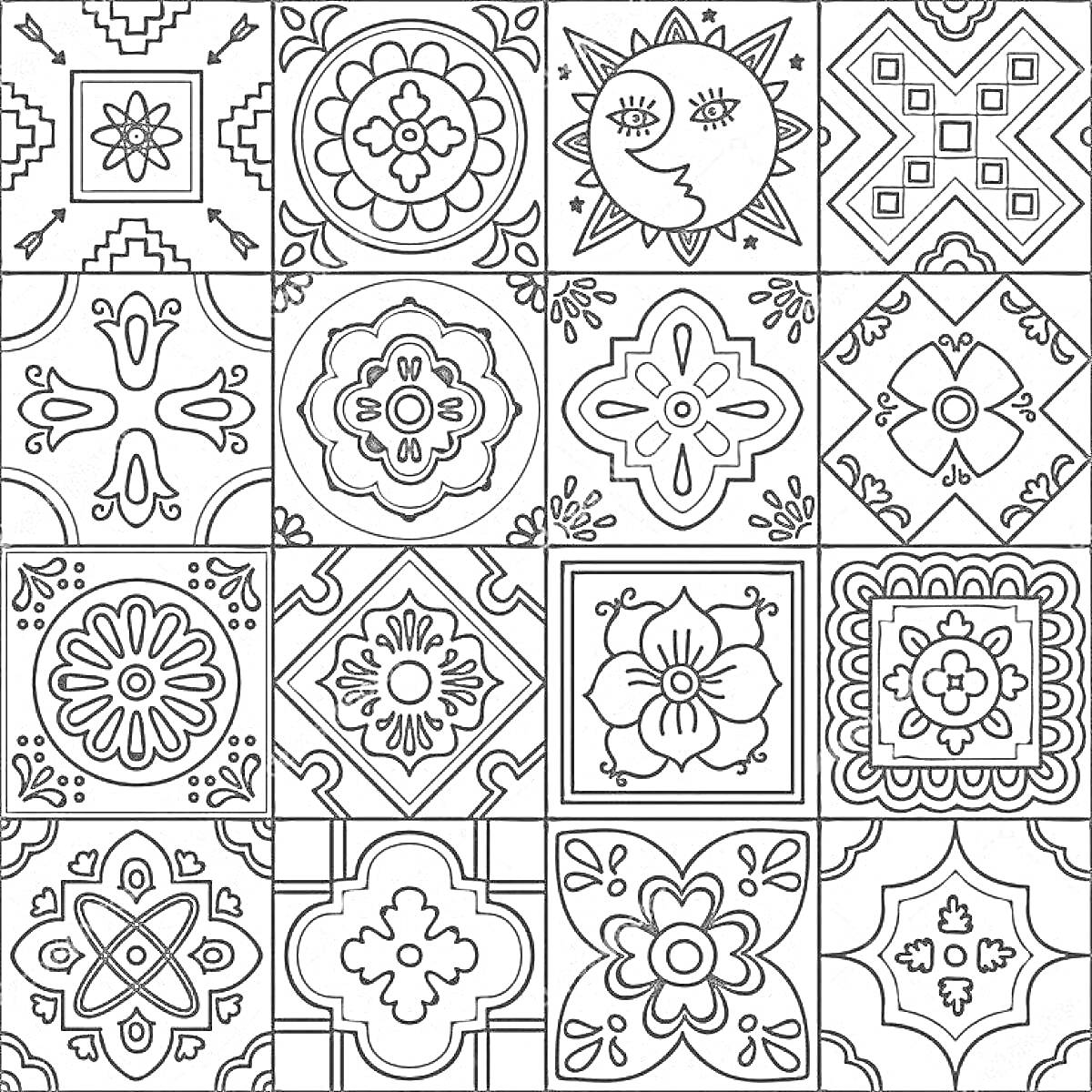 Раскраска Керамические плитки с цветочными узорами, геометрическими фигурами и изображением солнца и луны