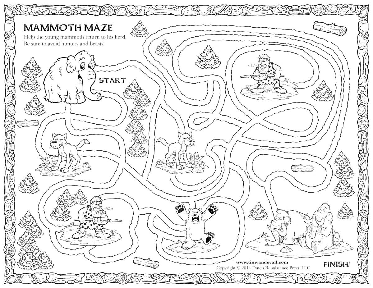Раскраска Лабиринт с мамонтом, среди деревьев и снежных животных: мамонт, тигр, медведь, саблезубый тигр, носорог, верблюд, пещерный человек