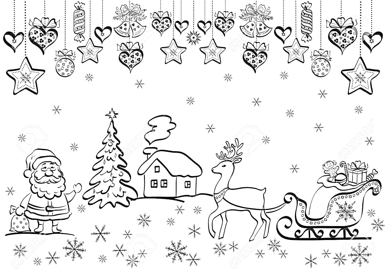 На раскраске изображено: Новый год, Дед Мороз, Снежинки, Дом, Олень, Подарки, Игрушки, Украшения, Елки, Звезды, Сани, Сердца