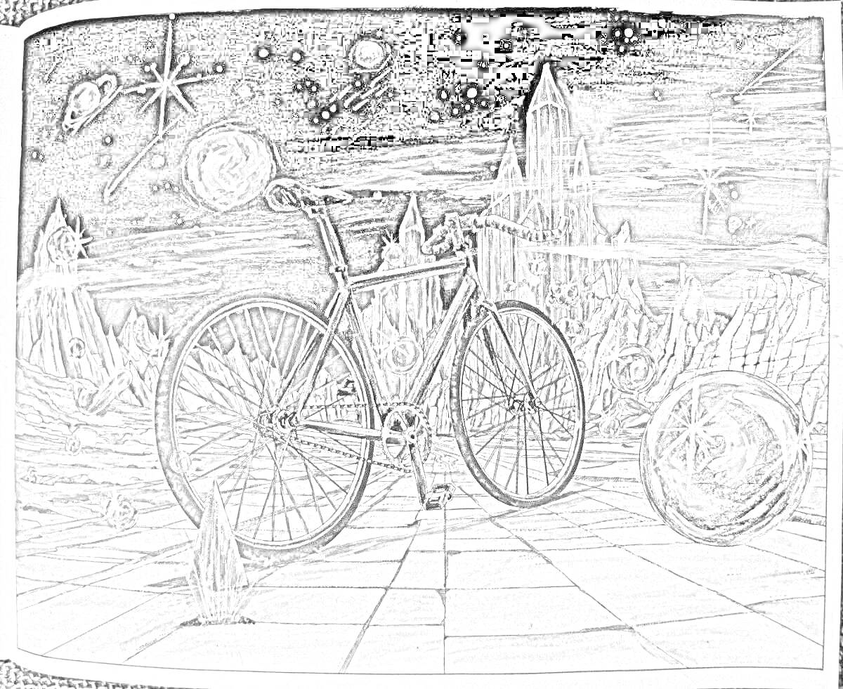 На раскраске изображено: Велосипед, Футуристический город, Звезды, Планеты, Космос, Ночное небо, Кристаллы