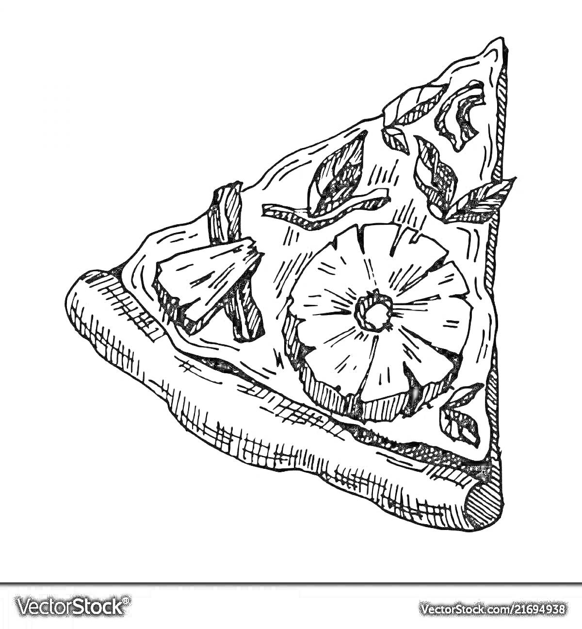 Раскраска Кусочек пиццы с ананасом, перцем и зеленью