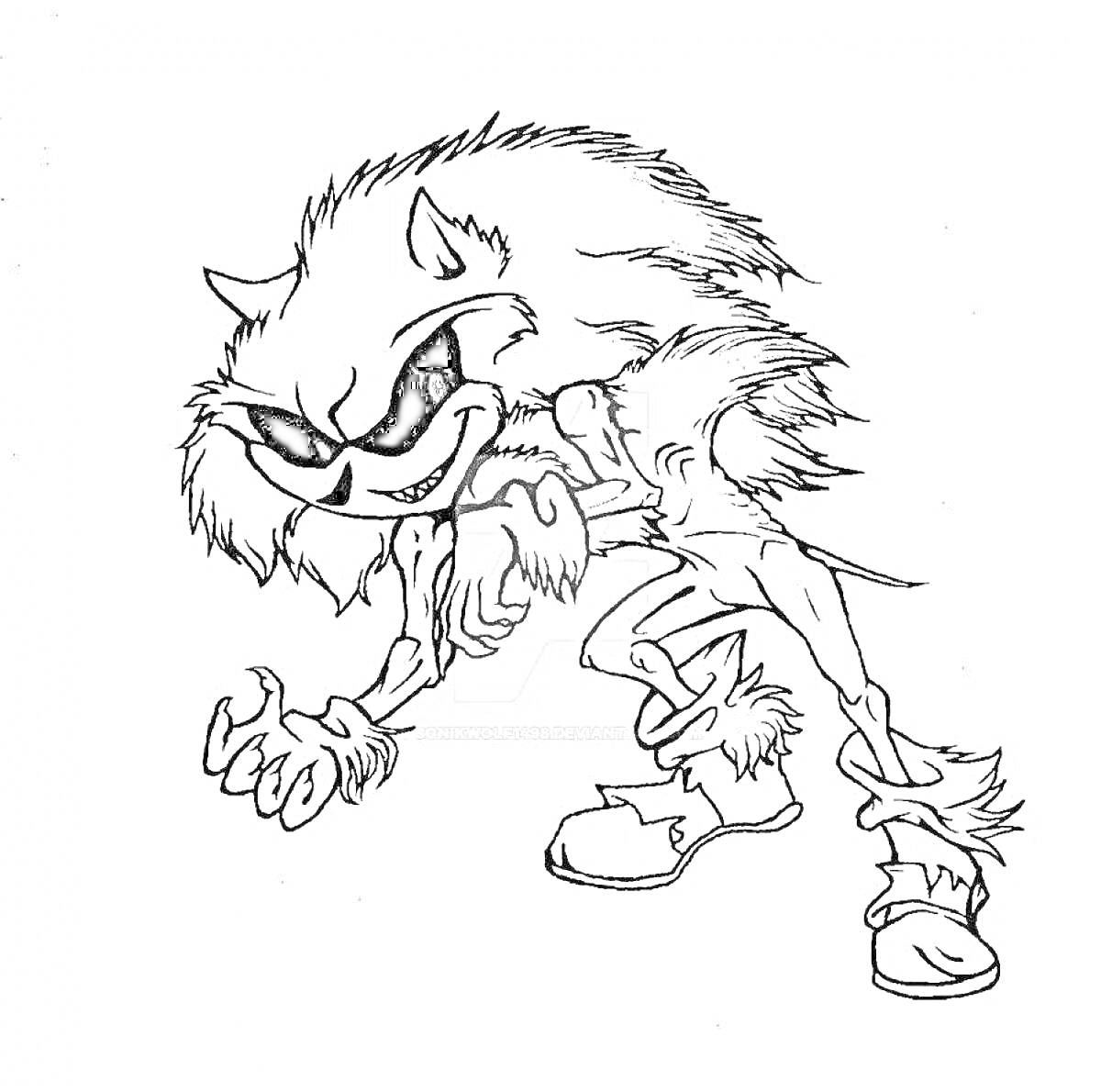 Раскраска Sonic.exe с острыми когтями и зубами, в угрожающей позе