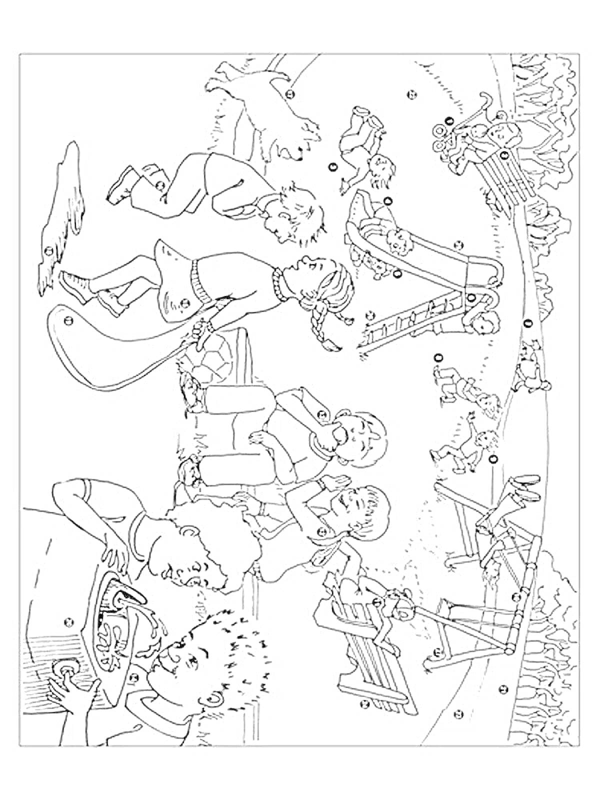 Раскраска с изображением детей, играющих в парке с качелями, горками, на лавочках, и с собаками