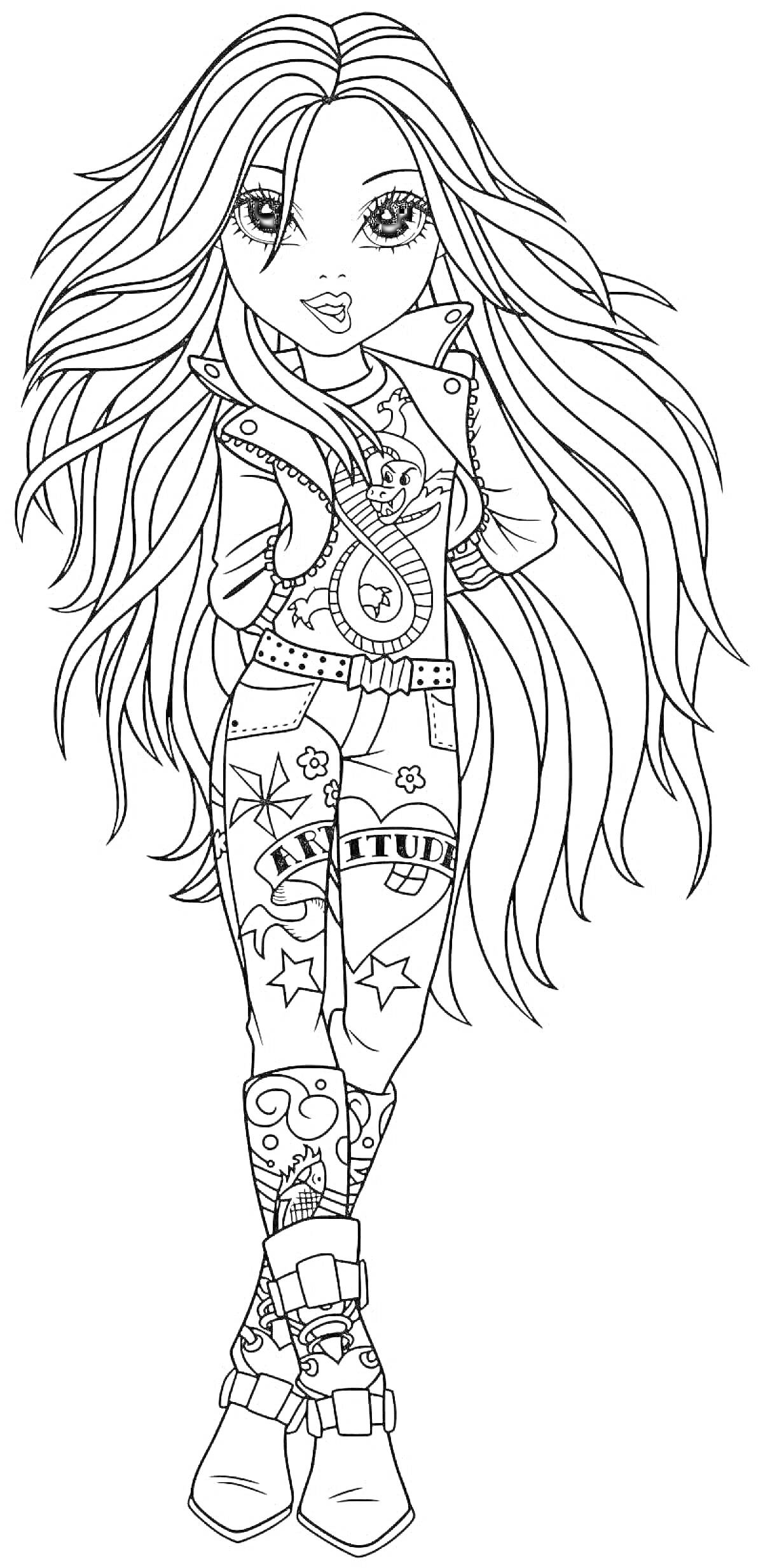 Раскраска Девушка со стильной длинной прической и татуировками на штанах