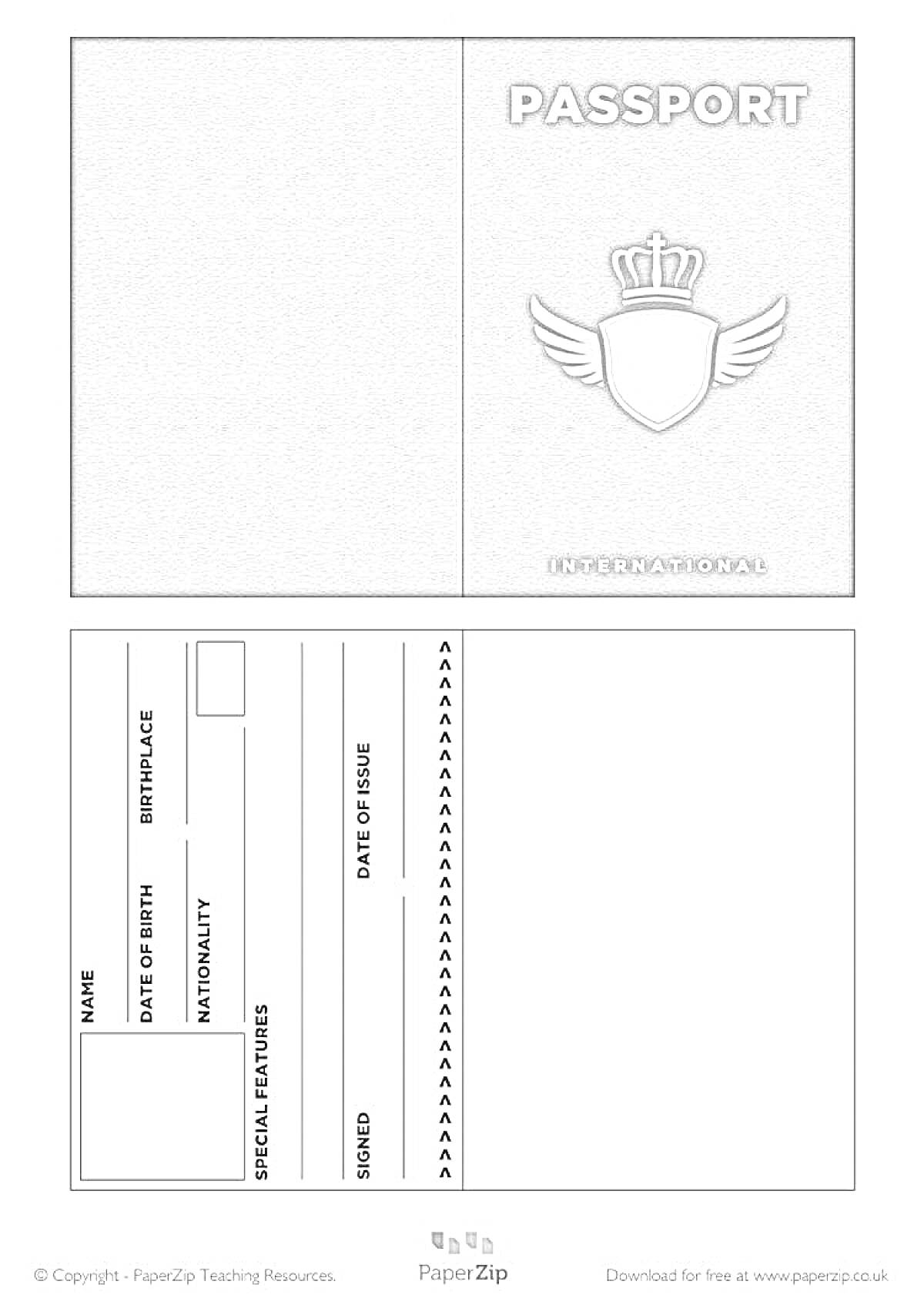 Раскраска Раскраска с изображением детского паспорта, включающая обложку с изображением короны и эмблемы с крыльями, а также внутреннюю страницу с полями для имени, даты рождения, национальности, особых примет, даты выпуска и подписи.