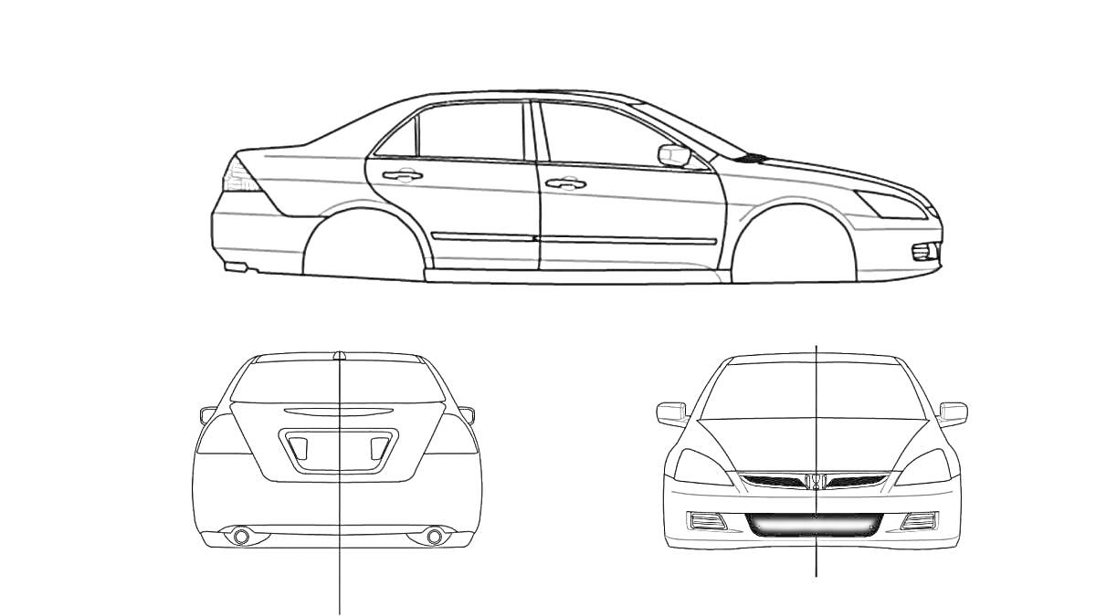 Раскраска Раскраска автомобиля Honda Accord с тремя ракурсами (вид сбоку, вид сзади, вид спереди)