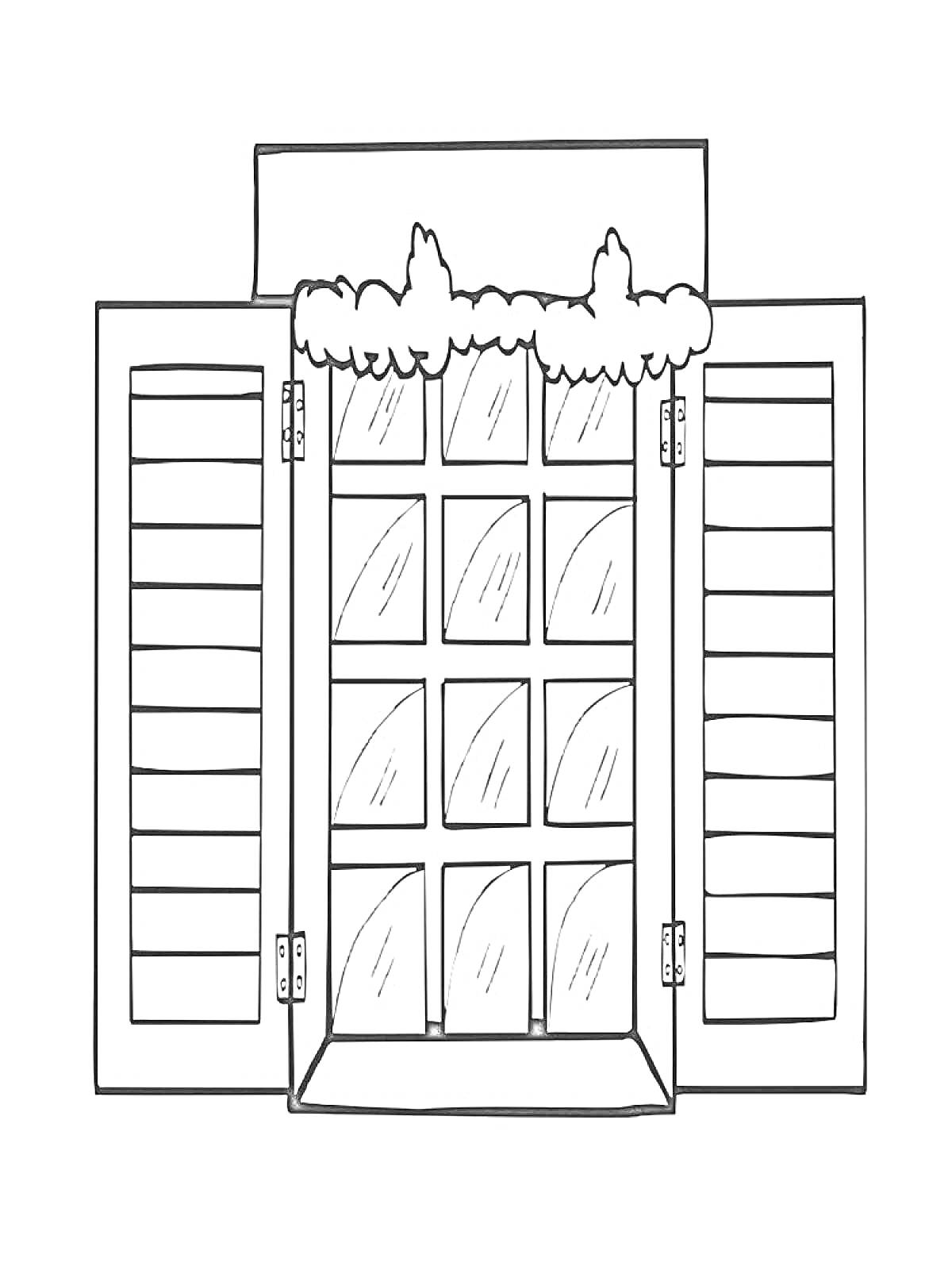На раскраске изображено: Дверь, Декоративный элемент, Кусты