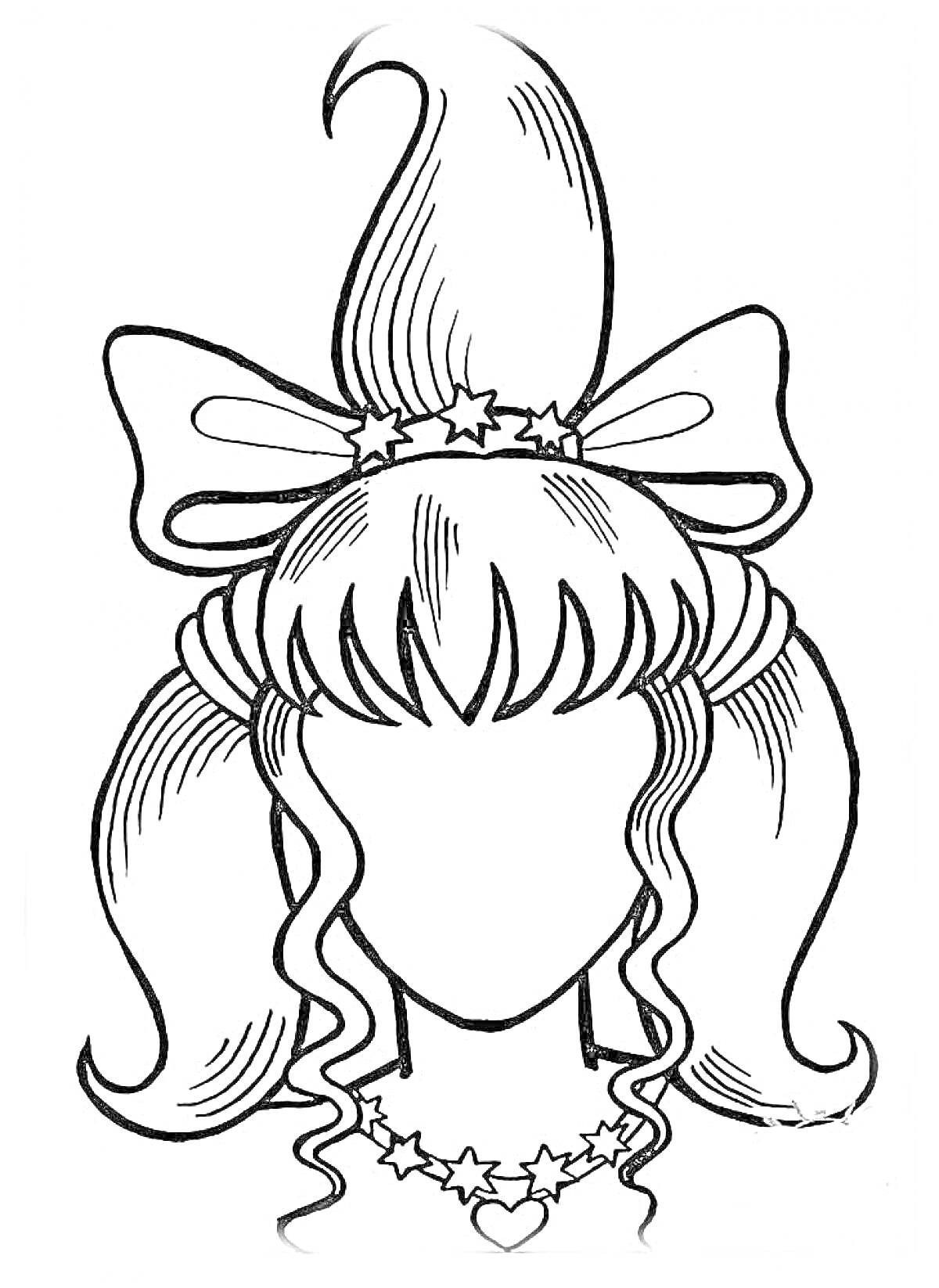 Раскраска Прическа с высоким узлом, бантом, звездочками и сердечком