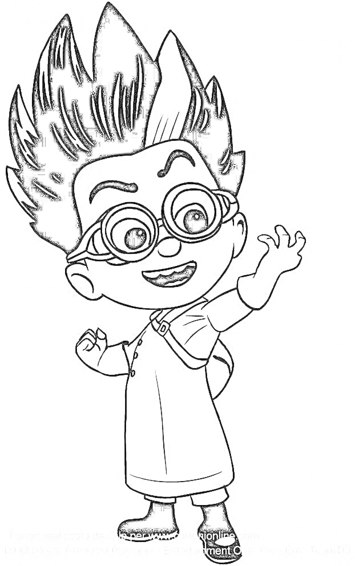 Раскраска мальчик с высокой причёской и очками в одежде с простым узором и поднятой рукой