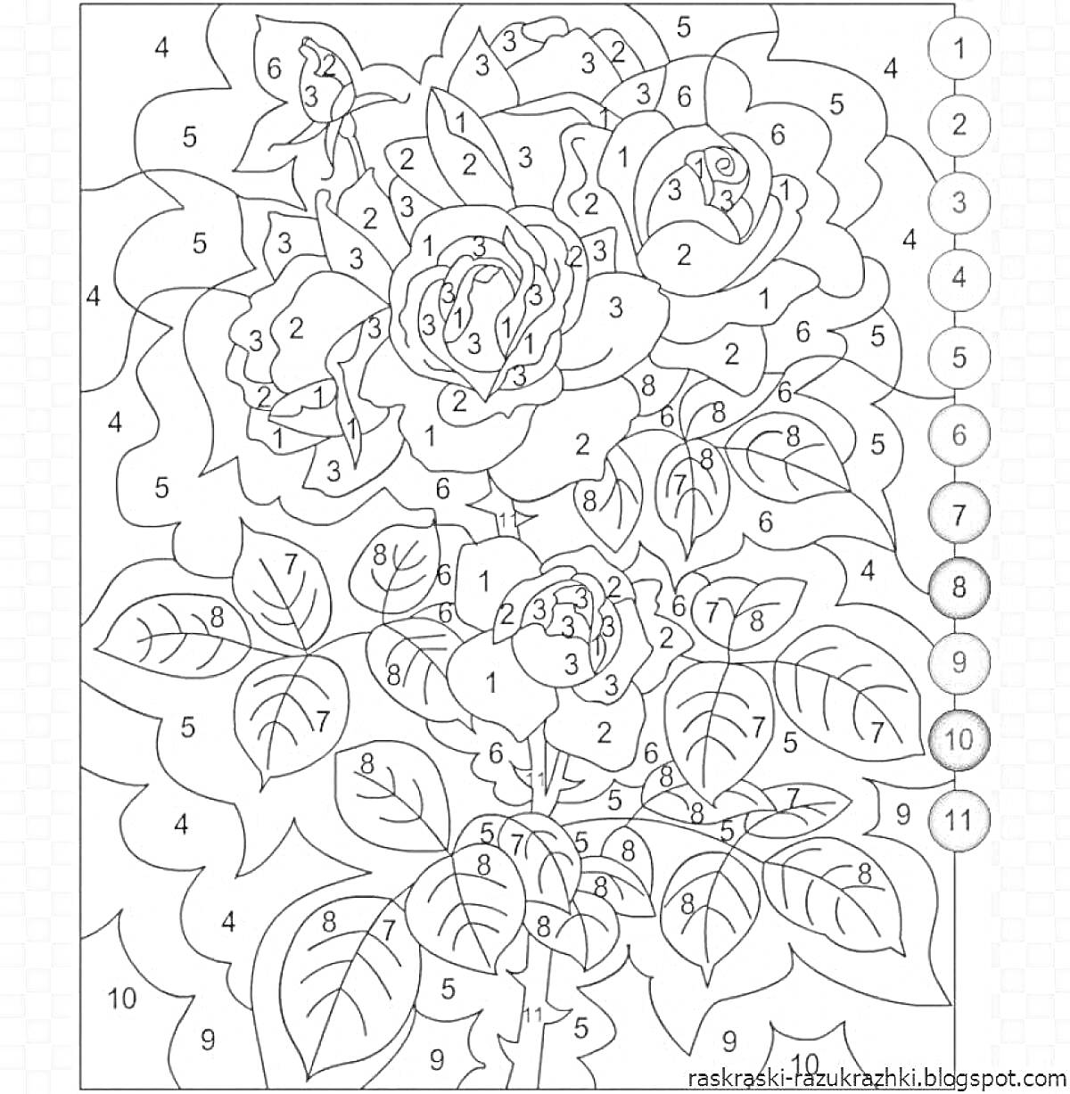 На раскраске изображено: Розы, Листья, Цифры, Для взрослых, Игра по цифрам