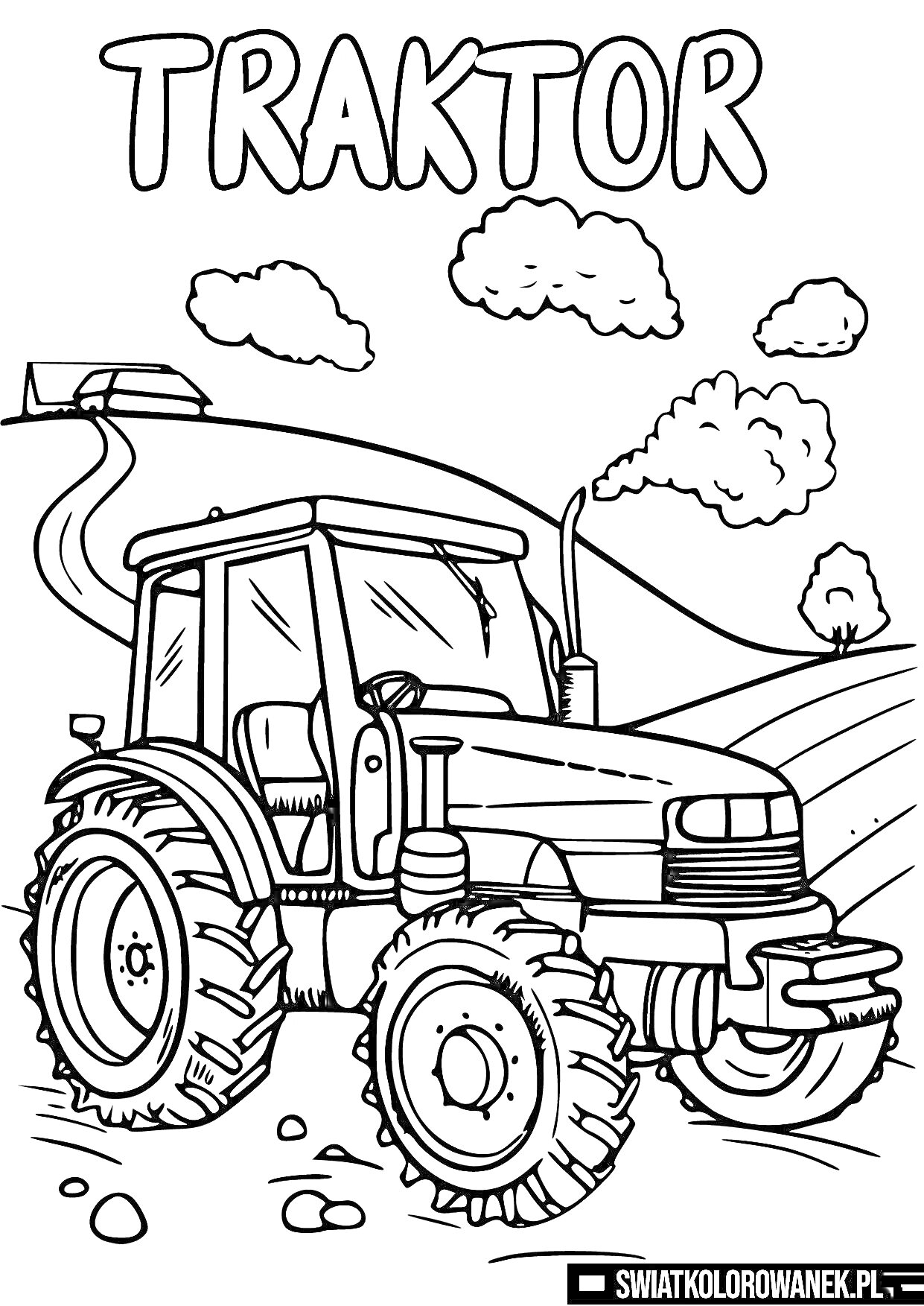 На раскраске изображено: Трактор, Деревья, Природа, Сельская местность