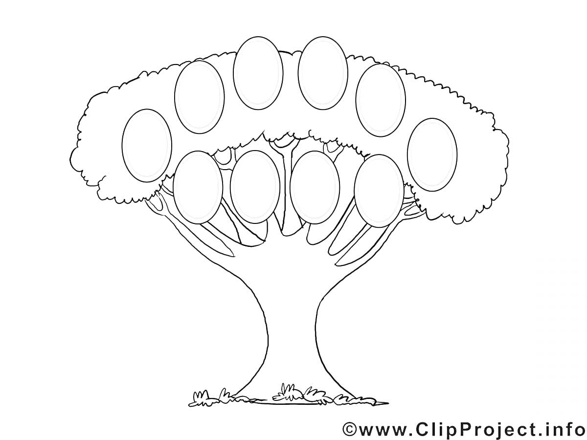 Раскраска Родословное дерево с девятью яйцевидными рамками для фотографий или имен