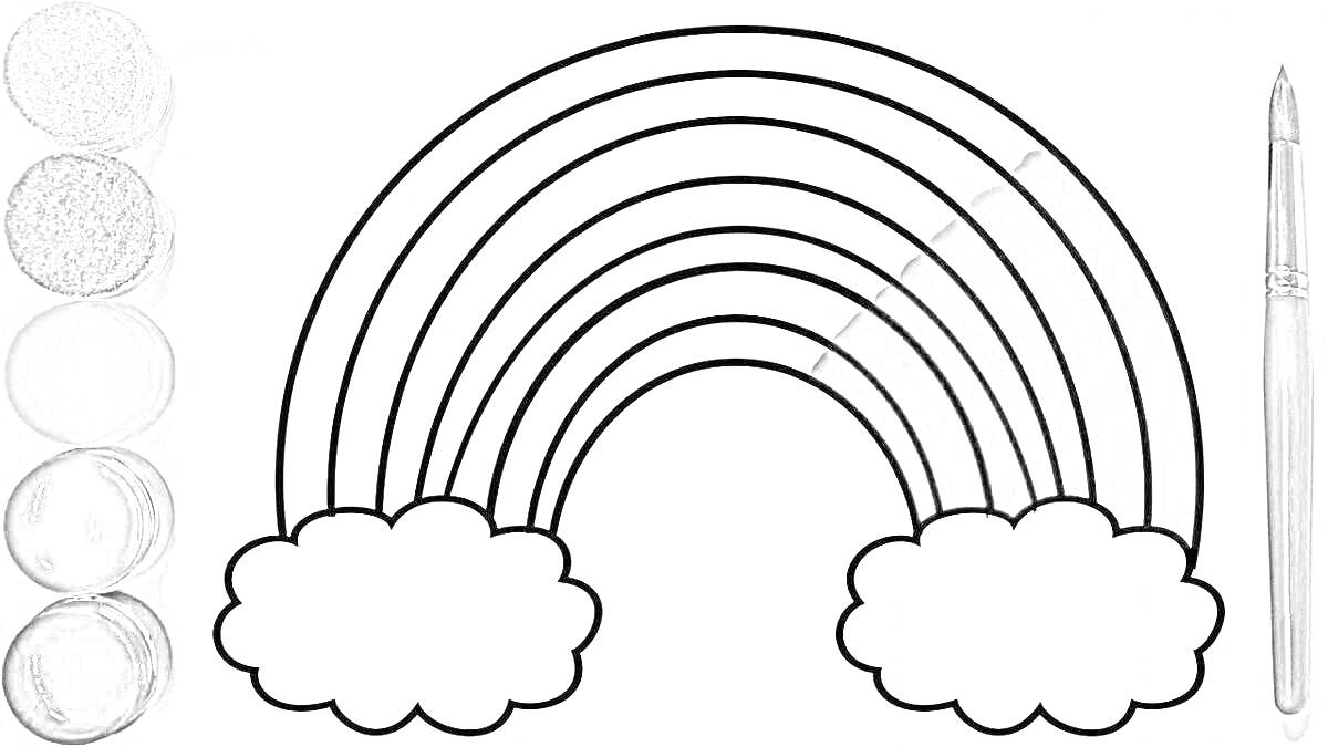 Раскраска Радуга с облаками, краски и кисть
