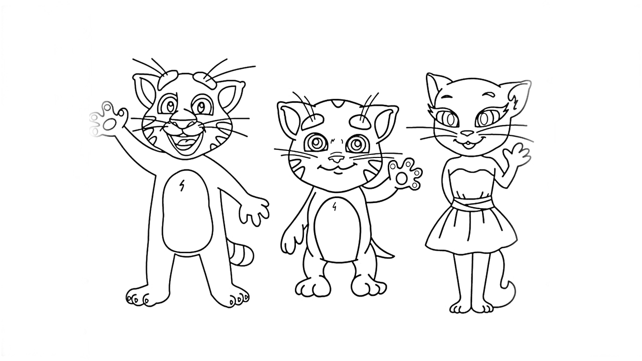 Раскраска Три кота, стоящие рядом и машущие лапками