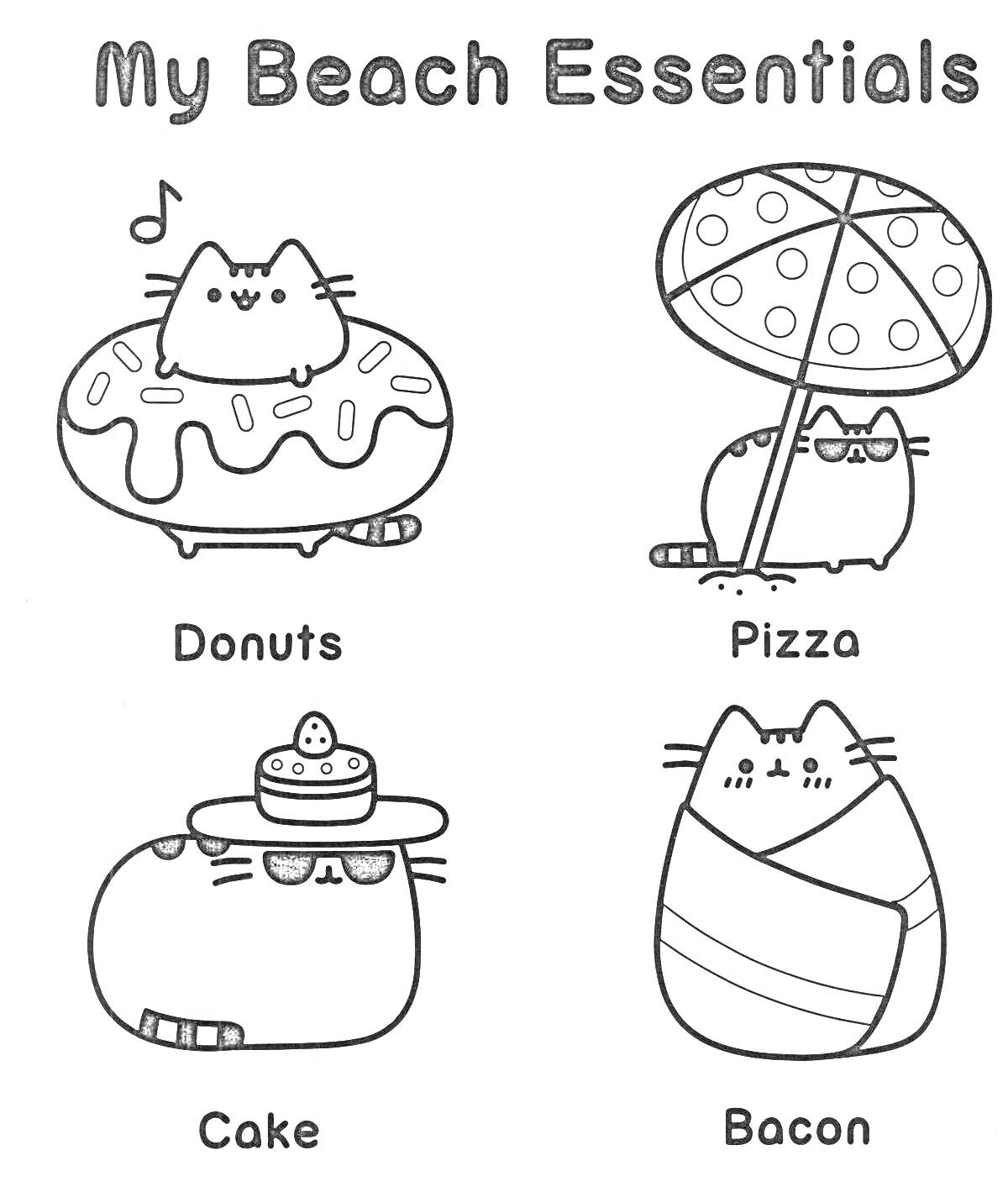 Раскраска Pusheen на пляже: пончики, пицца, торт, бекон