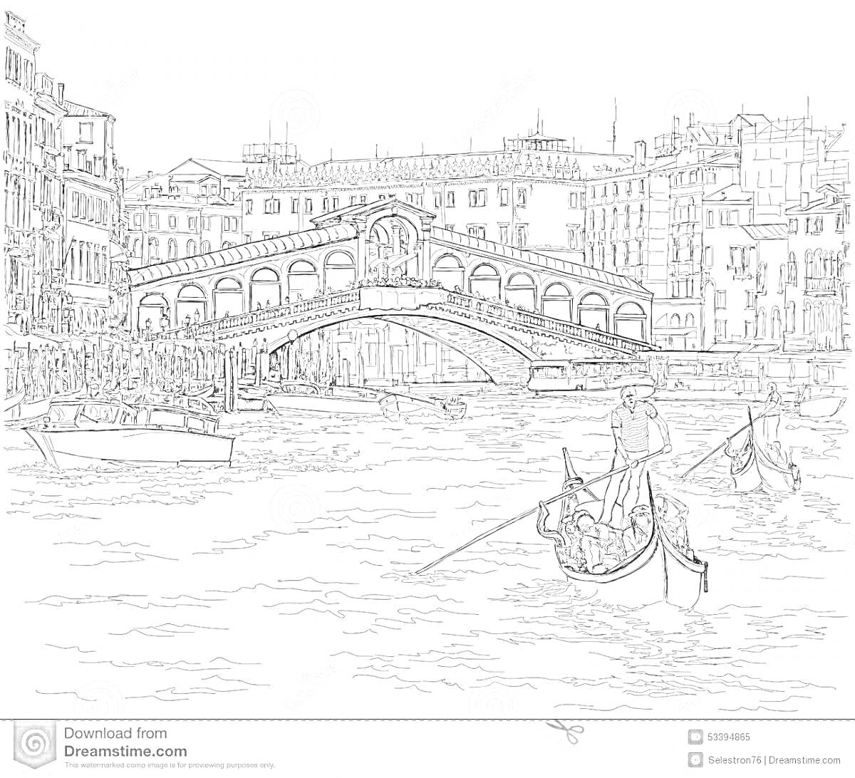 Раскраска Вид на мост Риальто с гондольерами, здания вдоль канала