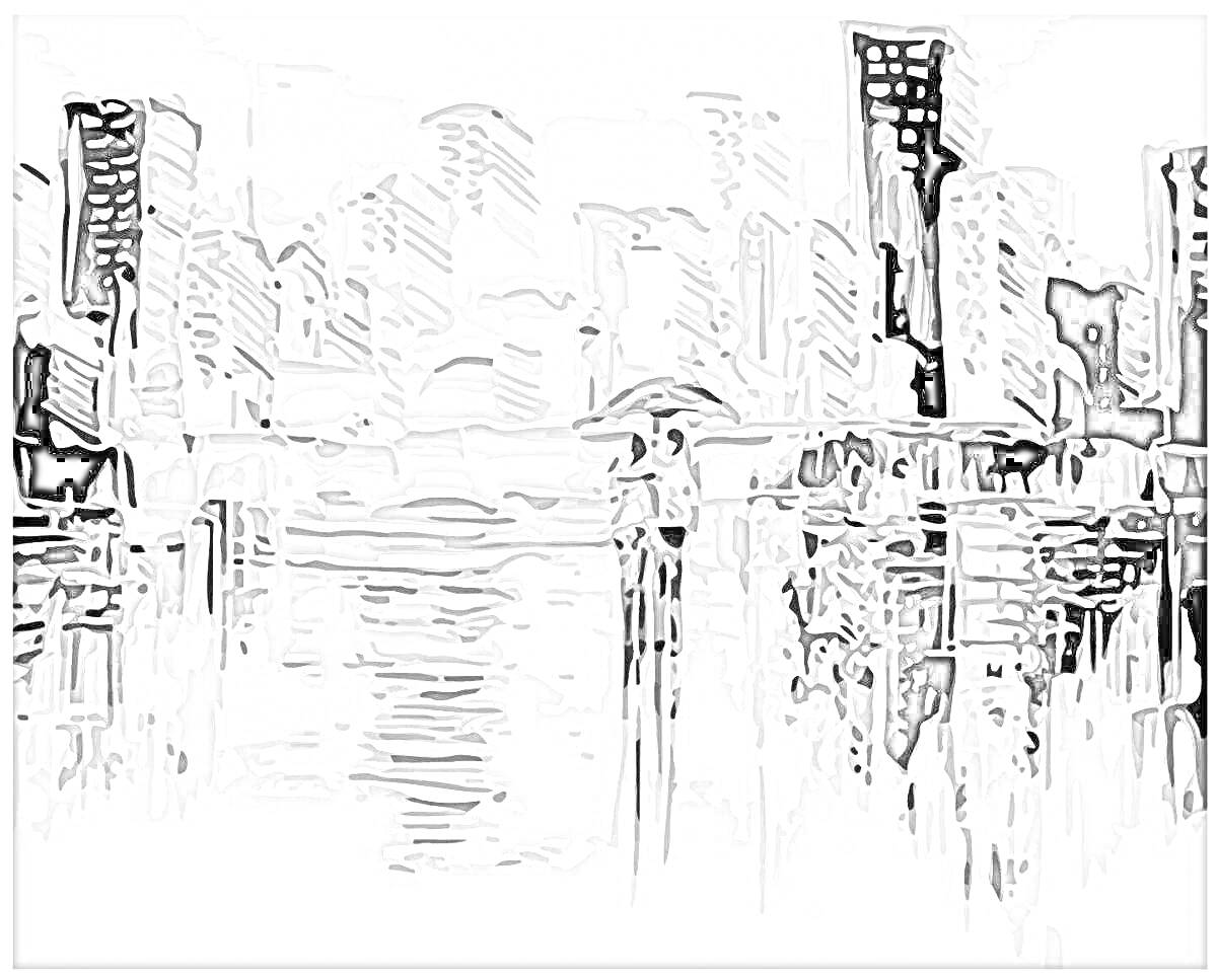 Раскраска Городской пейзаж с высокими зданиями и парой под зонтом