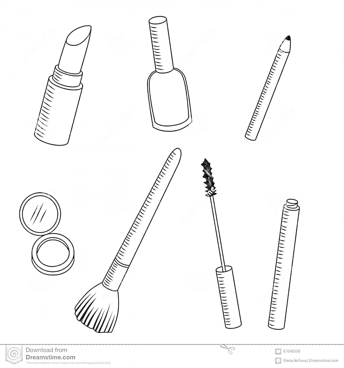 Раскраска Раскраска с косметическими средствами - помада, лак для ногтей, карандаш для глаз, тени для век, кисточка для макияжа, тушь для ресниц