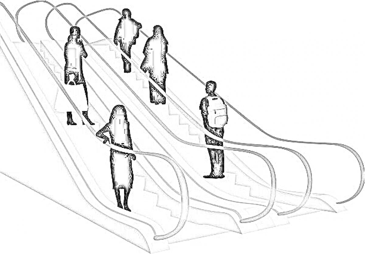 На раскраске изображено: Эскалатор, Сумка, Транспорт, Движение, Лестница, Городской транспорт, Человек