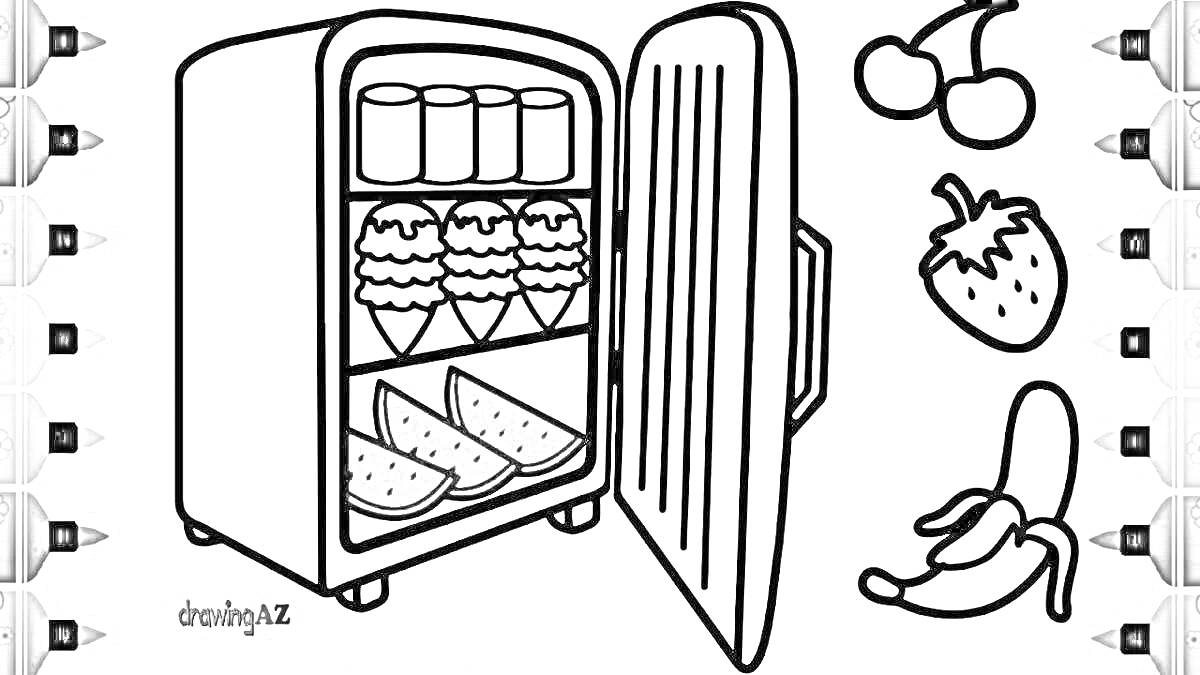 На раскраске изображено: Холодильник, Мороженое, Арбуз, Вишня, Клубника, Банан, Фрукты, Еда, Кухонная техника, Банка