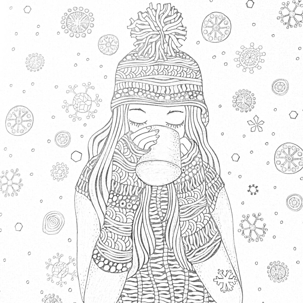 Раскраска Девушка в вязаной шапке и шарфе с кружкой горячего напитка на фоне снежинок