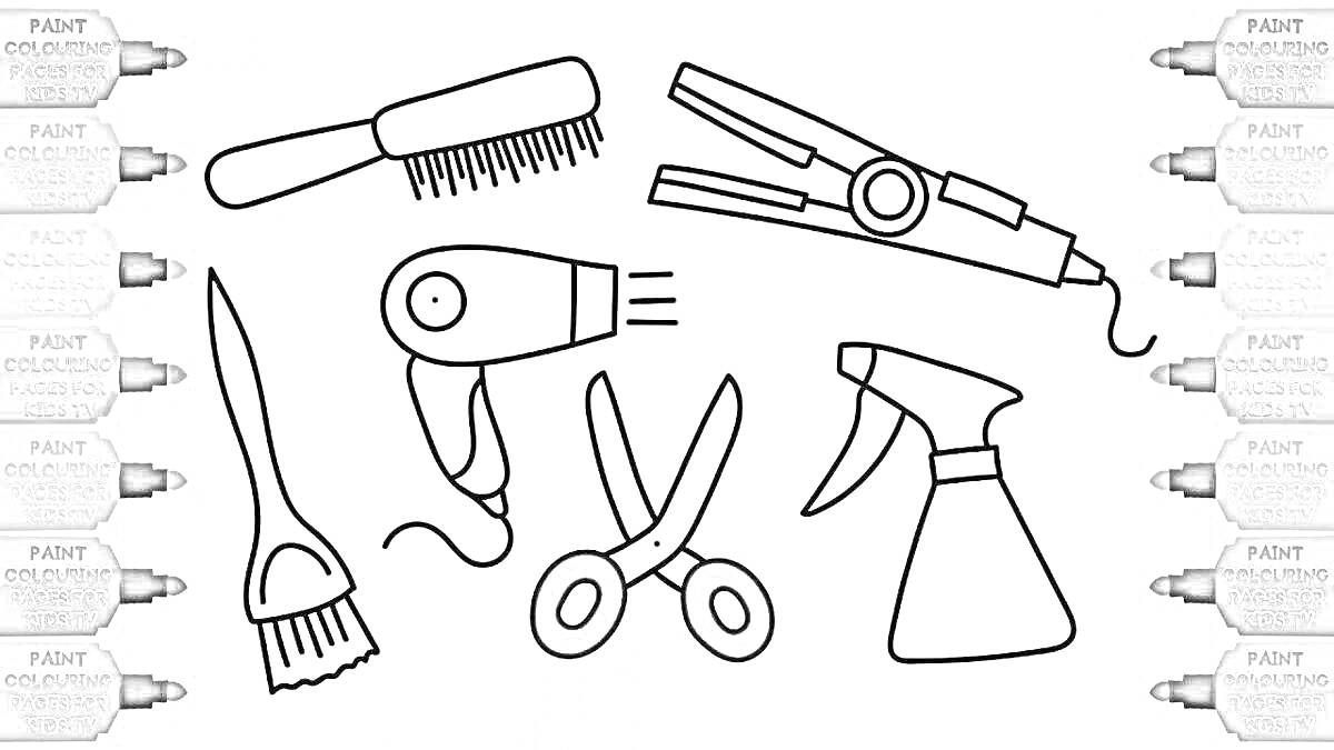 Раскраска Раскраска с предметами парикмахера: расческа, щетка, утюжок для волос, фен, ножницы, пульверизатор, кисточка для окрашивания
