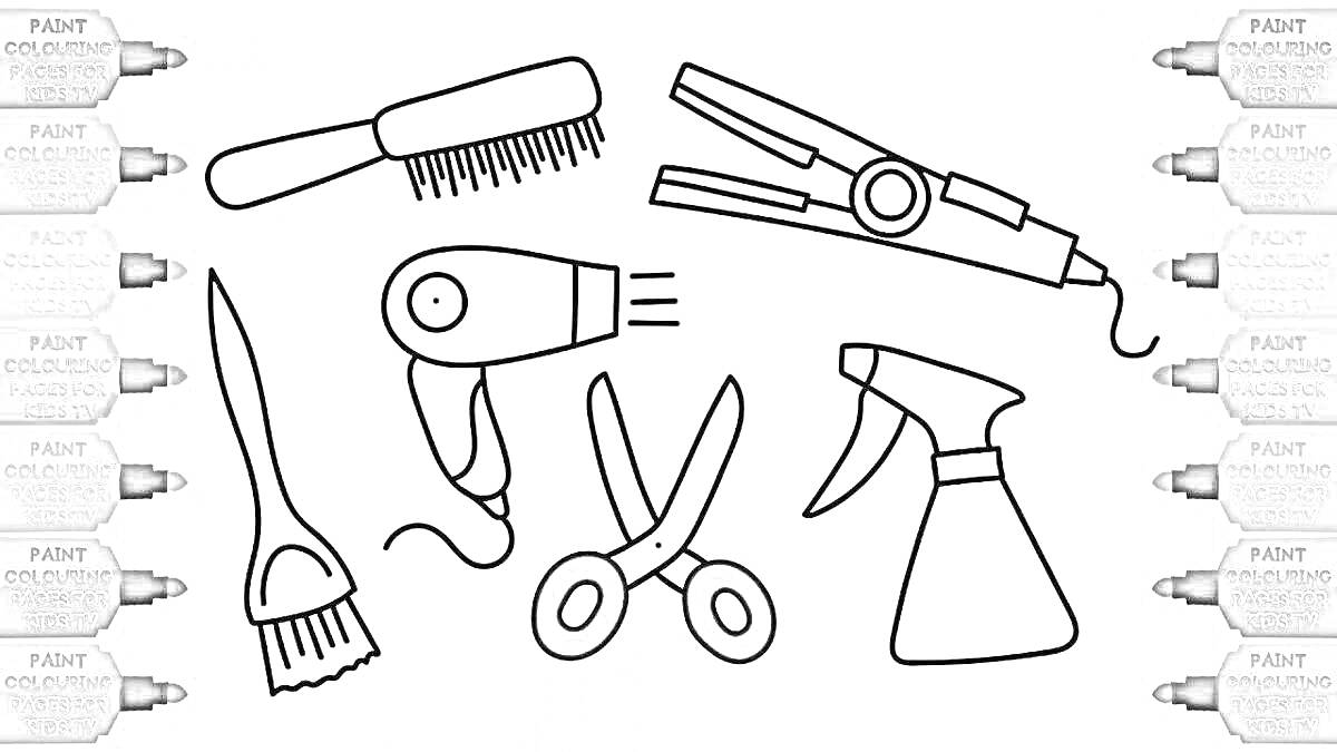На раскраске изображено: Парикмахер, Расческа, Щетка, Фен, Ножницы, Пульверизатор, Уход за волосами, Для детей, Инструмент, Кисточки, Окраска