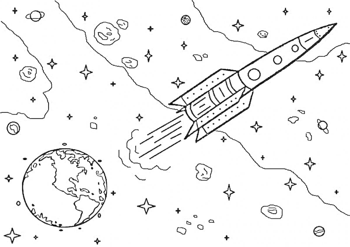 На раскраске изображено: Ракета, Космос, Земля, Звезды, Астероиды, Галактика