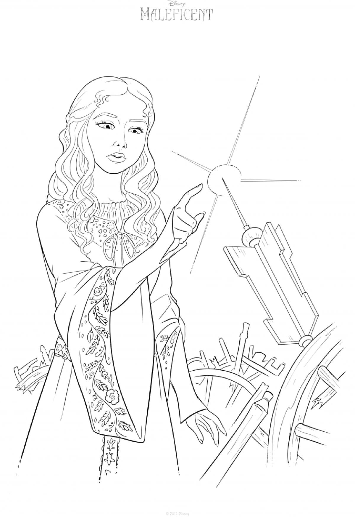 Раскраска Девушка в платье с рукавами указывает на магический свет и шестерни на фоне.