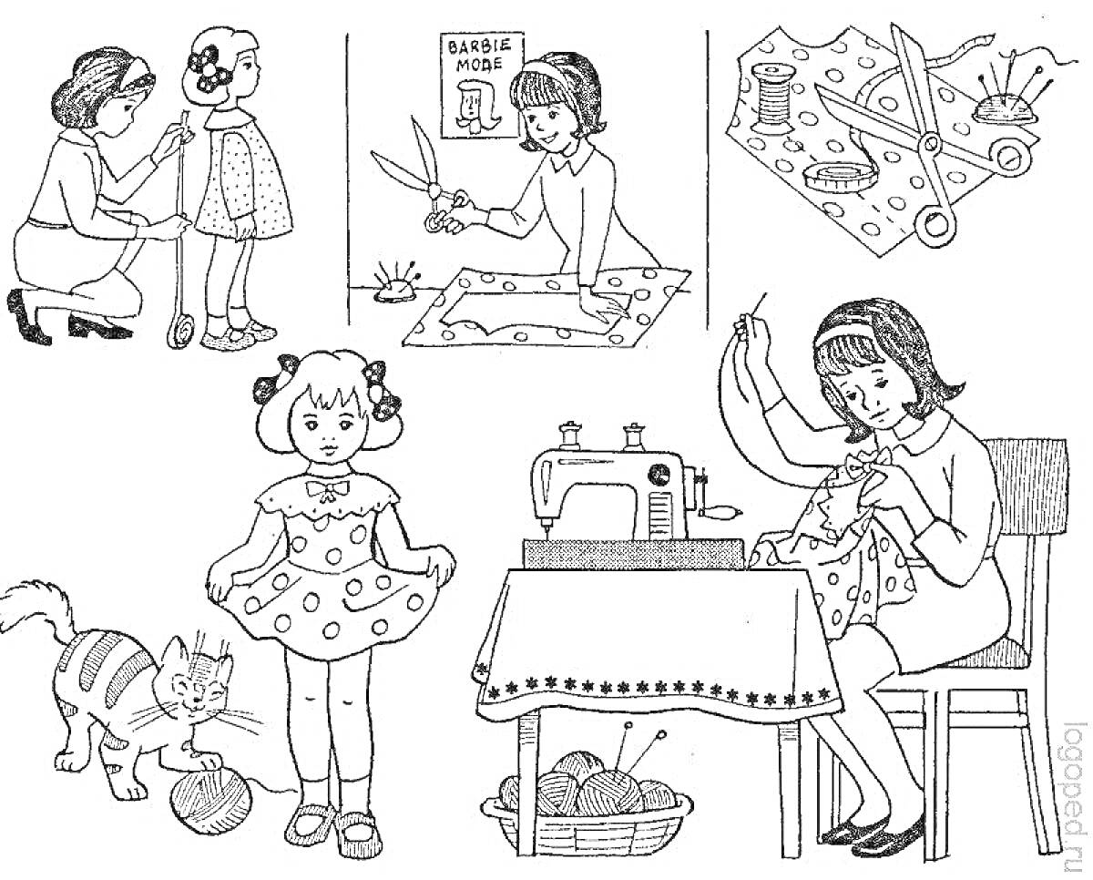 Раскраска Швея делает замеры, вырезает ткань, шьет на машинке, помогает девочке с платьем. На заднем фоне рабочий стол с швейными принадлежностями и кот с клубком ниток.