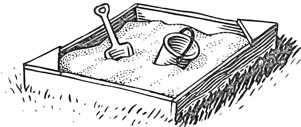 На раскраске изображено: Песочница, Ведёрко, Песок, Игровая площадка, Игра, Игрушки