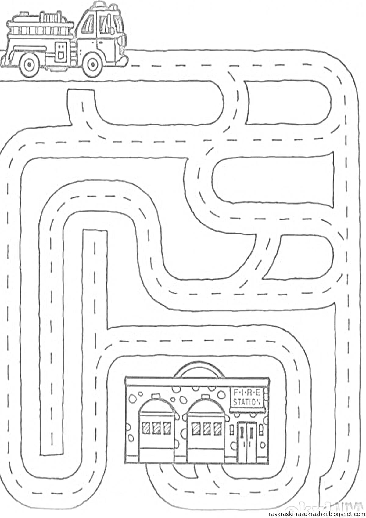 Раскраска Пожарная машина на дороге, ведущей к пожарной станции