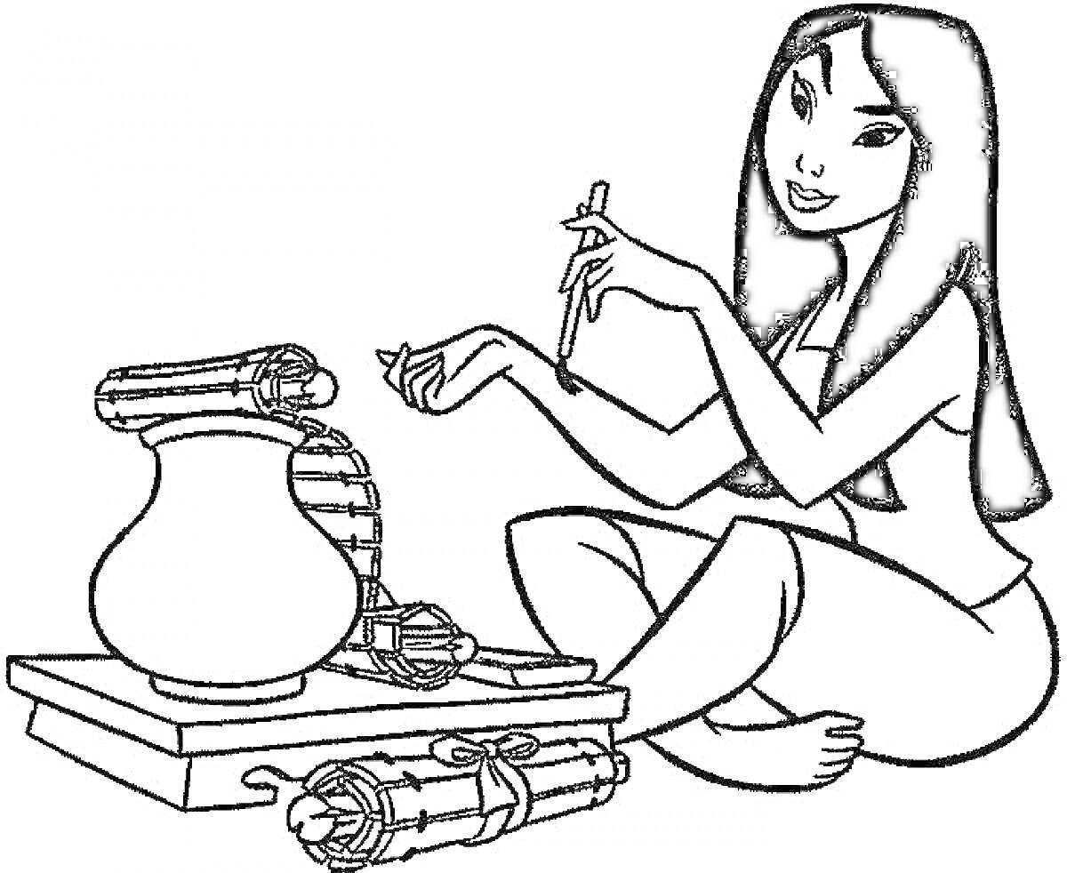 Девушка раскрашивает иероглифы за столом с вазой и свитками