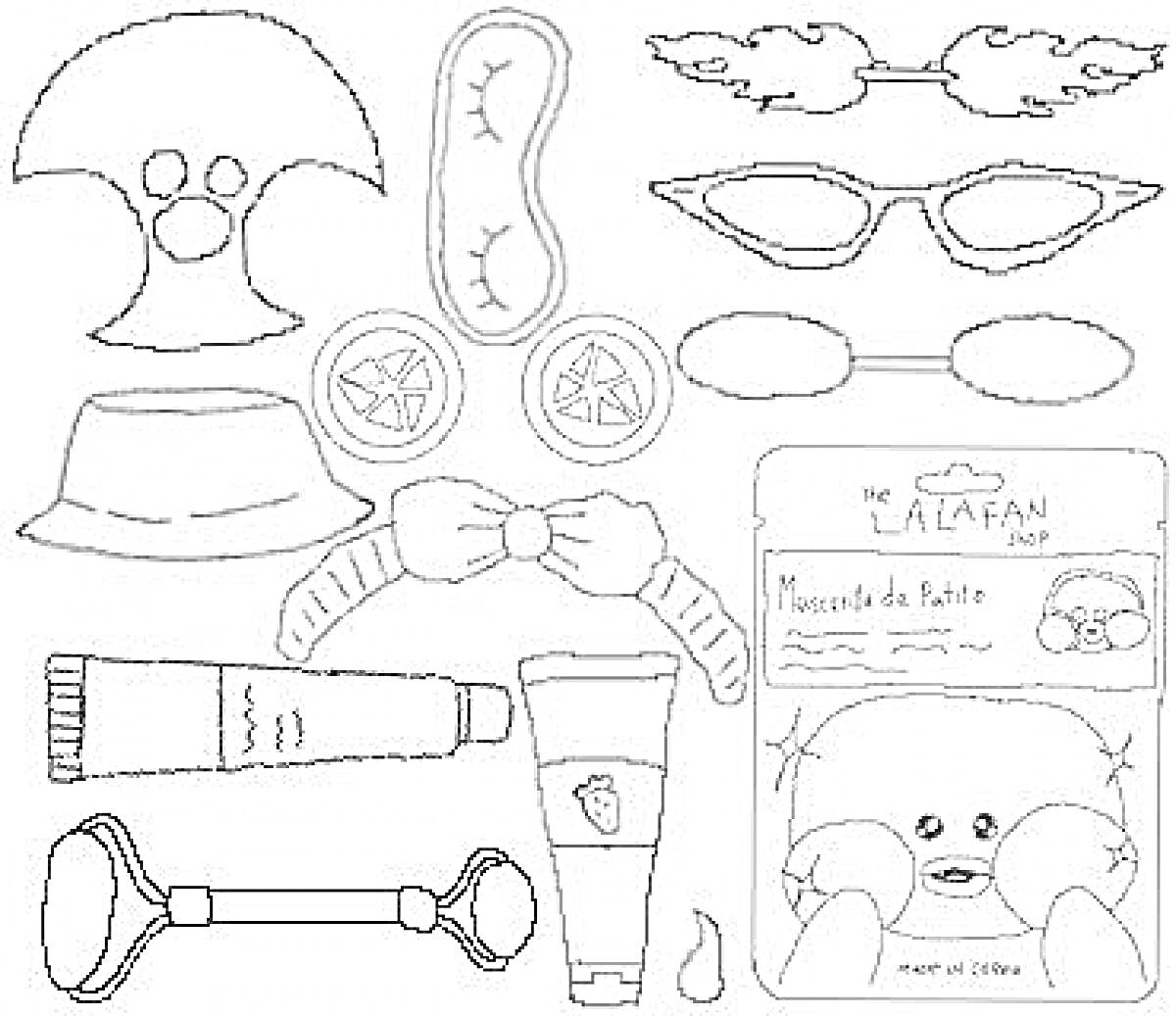 Раскраска Косметика для уточки Лалафанфан: головной убор, маска для сна, маскарадные очки, шляпа, кусочки огурца, бант, упаковка с изображением уточки, маска для лица, крем для лица, роликовый массажер, капелька жидкости.