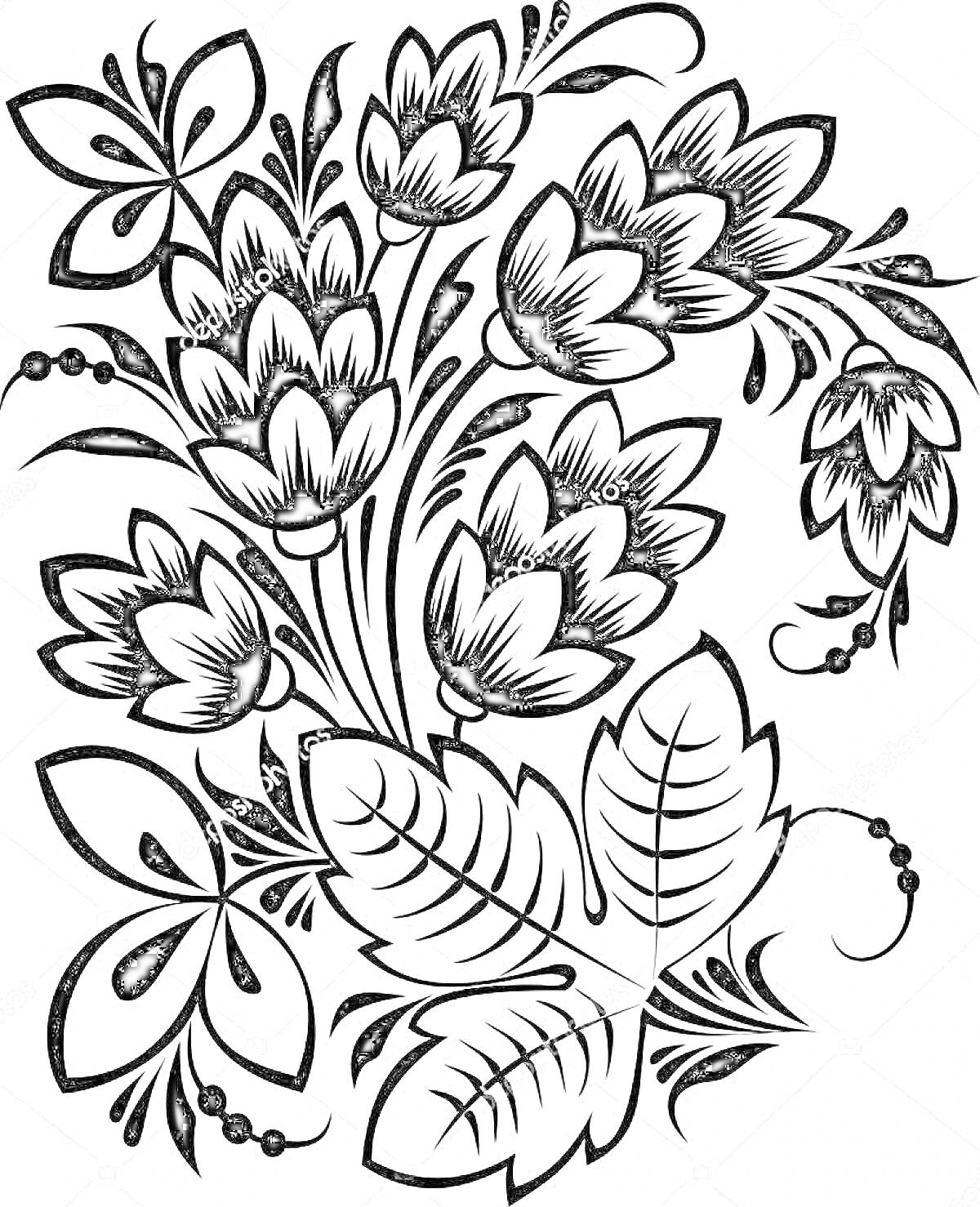 Раскраска Цветы и листья в перовской росписи