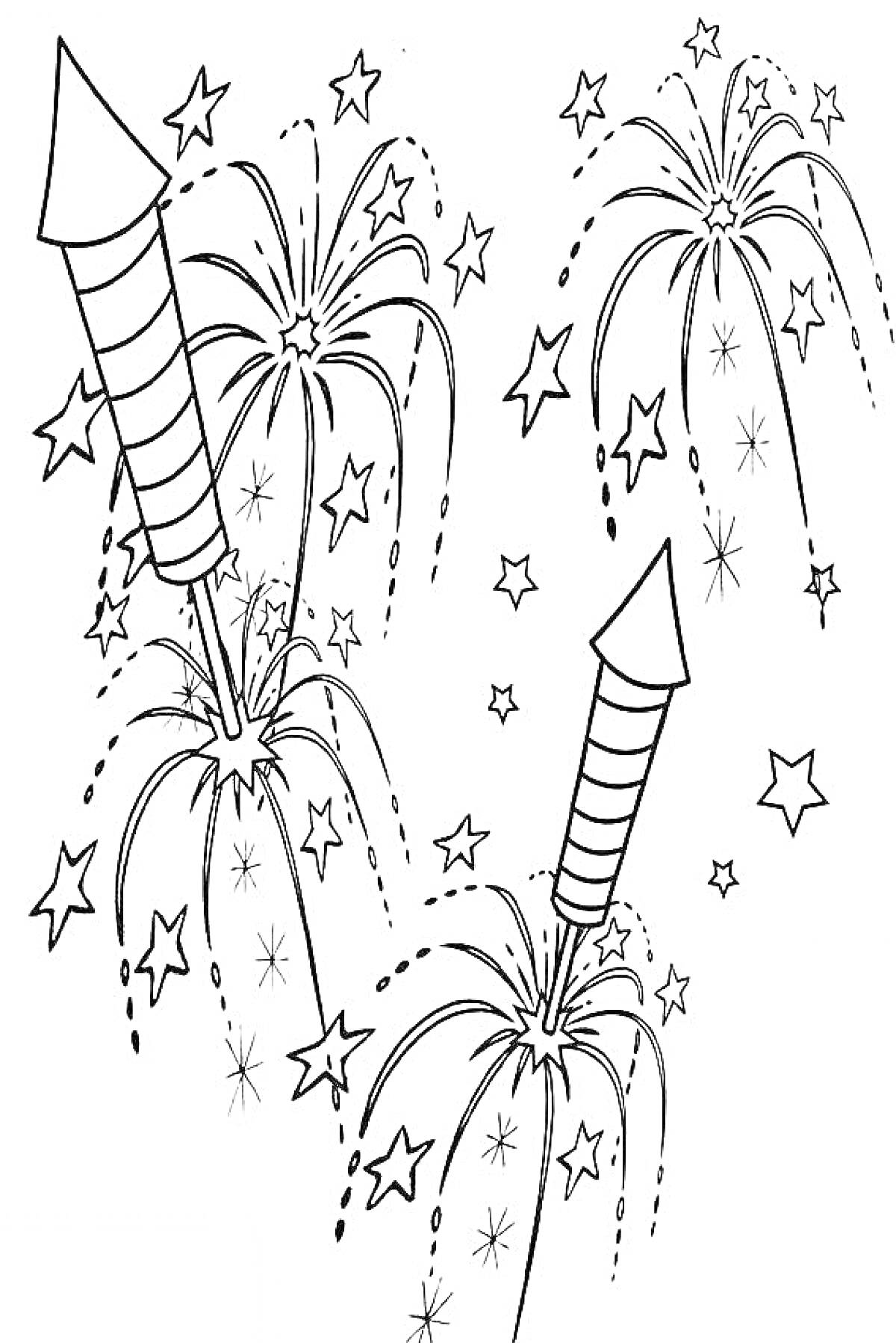 Раскраска Салют с летающими ракетами и звездами