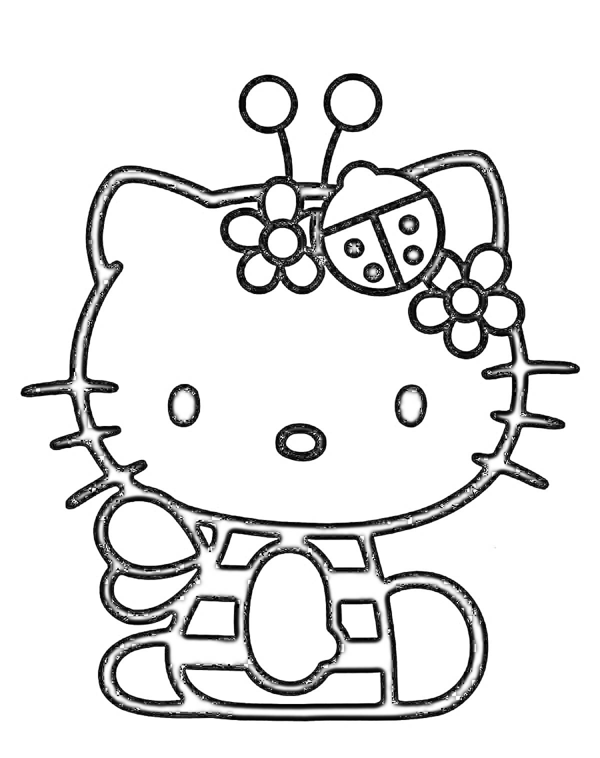 Раскраска Hello Kitty в костюме пчелки с божьей коровкой на голове и цветами