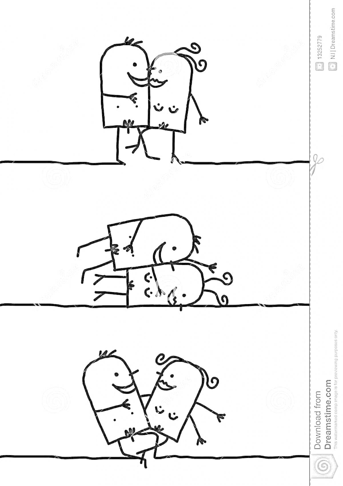 Раскраска Камасутра — три сцены, персонажи обнимаются, двое с прямоугольными телами и завитыми волосами