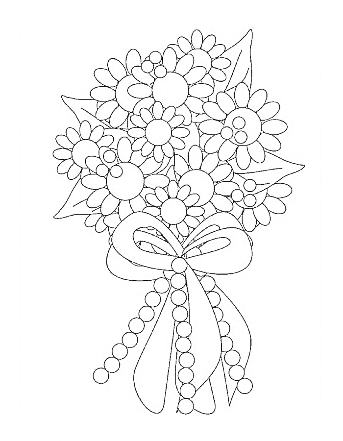 Раскраска Букет с цветами, листьями и бантом