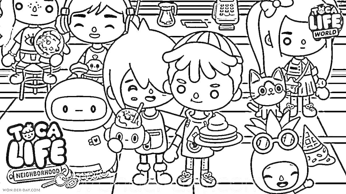 Раскраска Мультяшные персонажи в кафе с едой и питомцами из Toca Life
