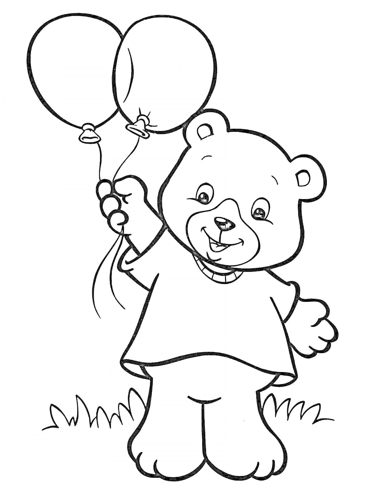 Раскраска Медвежонок с двумя шарами на траве