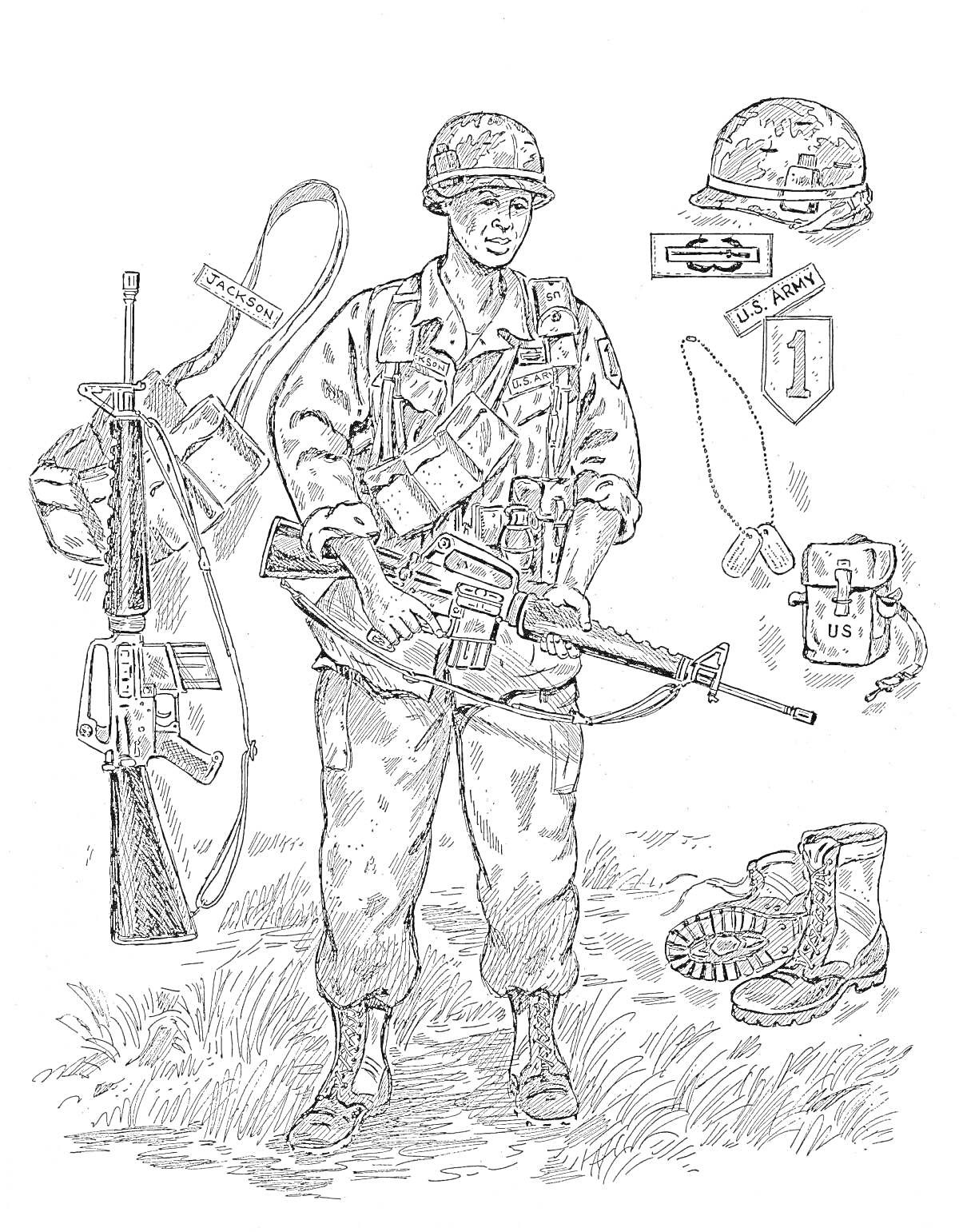 Раскраска Солдат в современной форме с оружием, шлемом, рюкзаком и ботинками